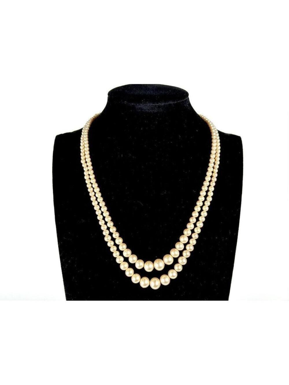 Sterling Clasp Double Strand Graduated Faux Pearl Necklace Vintage Cream Japan